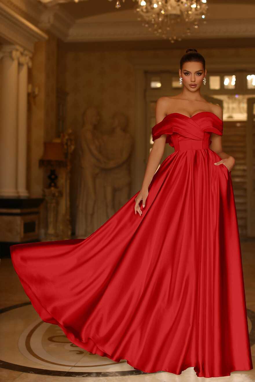 Tina Holly Couture TE207 Red Satin Off The Shoulder A Line Formal Dres