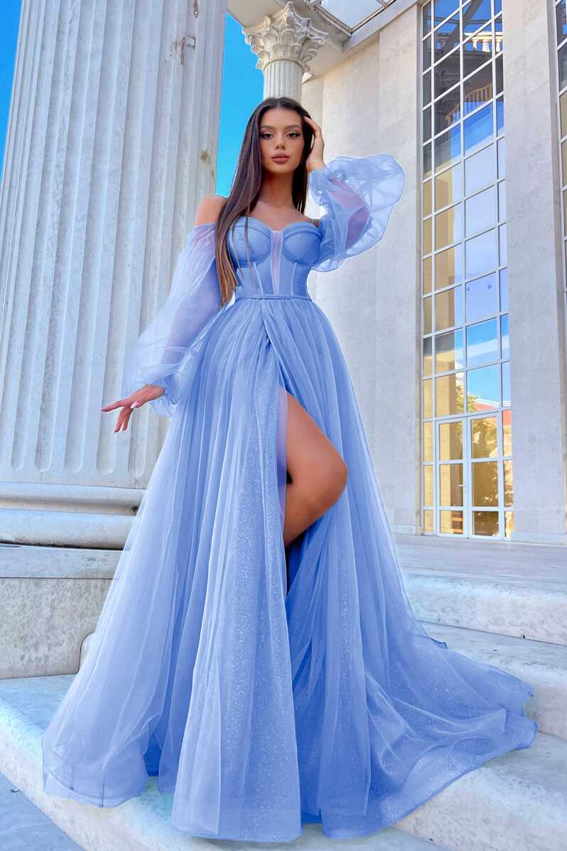 Tina Holly Couture TK130 Blue Blossom Long Sleeve Ball Gown Formal Dre