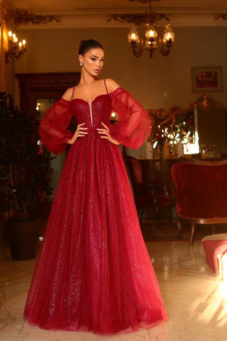 Tina Holly Couture TK130 Ruby Red Long Sleeve Ball Gown Formal Dress