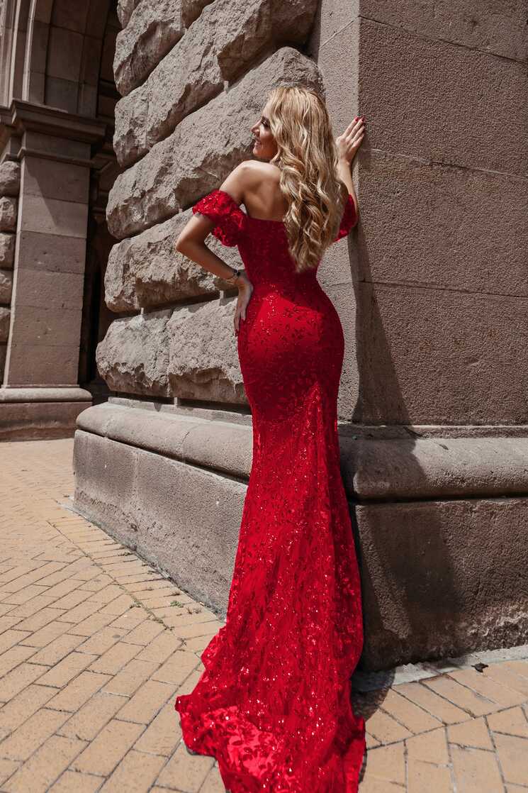 Tina Holly Couture TW024 Red Corset Lace Glitter Mermaid Formal Dress