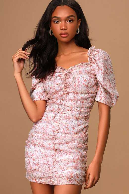 Tinleigh Pink Floral Print Ruched Puff Sleeve Bodycon Mini Dress