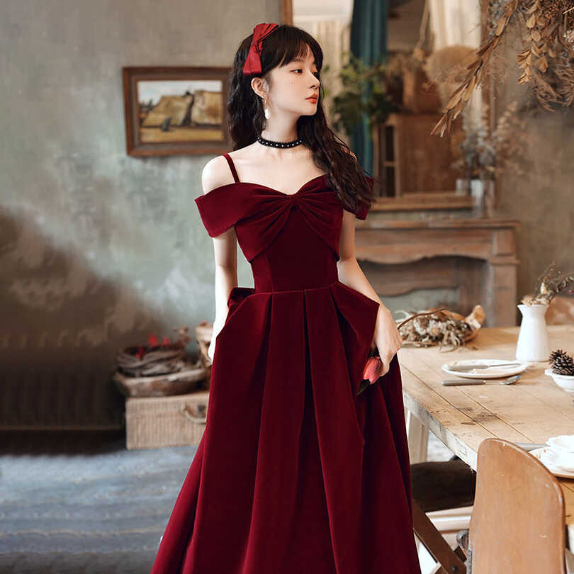 Toast wine red Evening dress bride temperament condole velvet ...