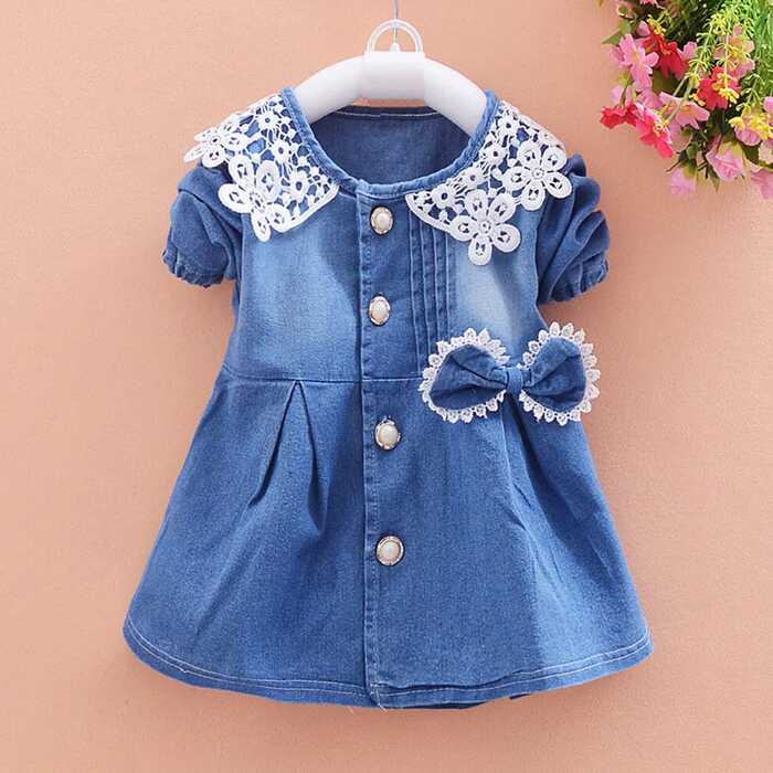 Toddler Baby Girls Bowknot Lace Long Sleeve Princess Denim Dress ...