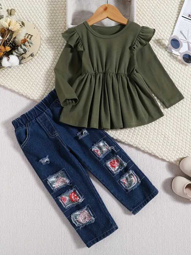 Toddler Baby Girls Cute Tunic Dress Top Stylish Ripped Jeans - Temu