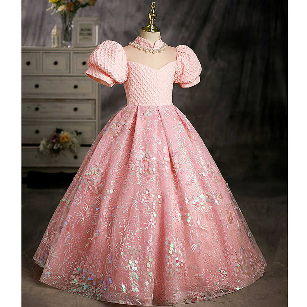 Toddler Ball Gowns Girl Luxury Sequins Pink Puff Sleeves Princess ...