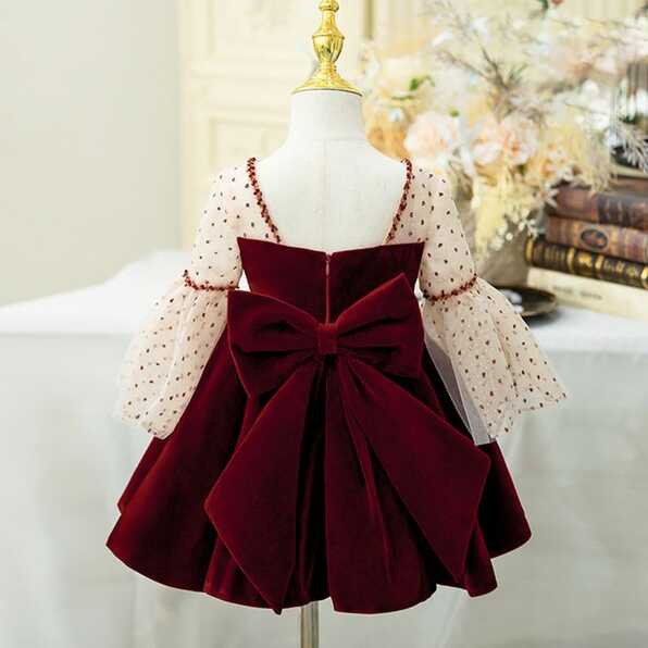 Toddler Ball Gowns Girl Wine Red Polka Dot Trumpet Sleeve Velvet ...