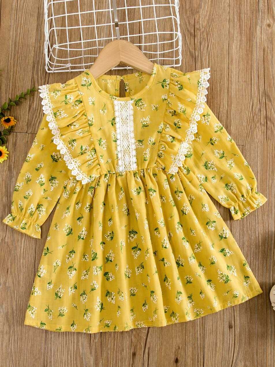 Toddler Girls Floral Print Ruffle Trim Guipure Lace Insert Flounce ...