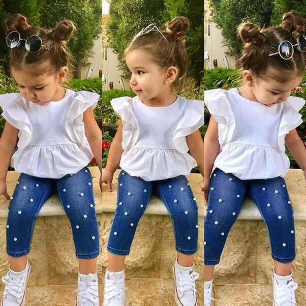 Toddler Kids Baby Girls Outfits Solid T-shirt Tops+Pearl Denim ...