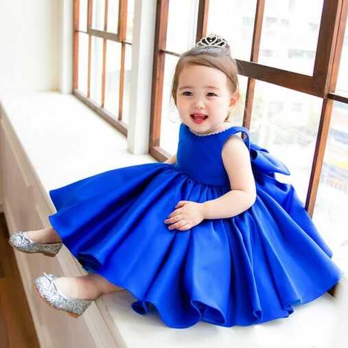 Top Quality Blue Satin Baby Ball Gown 1 Year Birthday Dress Flower ...