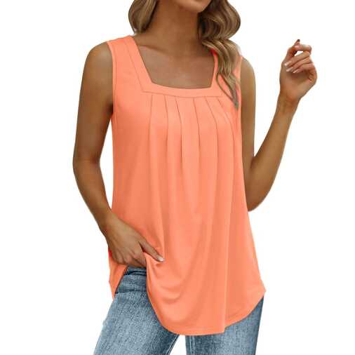 Tops Women&#39;s Sleeveless Summer Square Basic Pleated Simple Loose ...