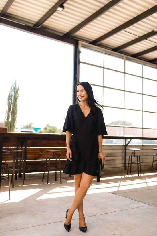 Topshop Little Black Wrap Dress, Black pumps, clutch and red lips ...