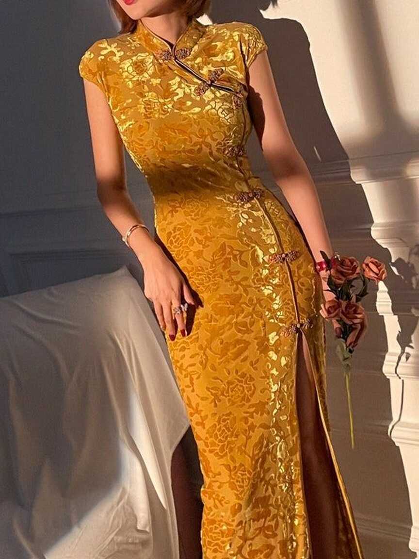 Traditional Chinese Dress modern Cheongsam Dress yellow Velvet ...