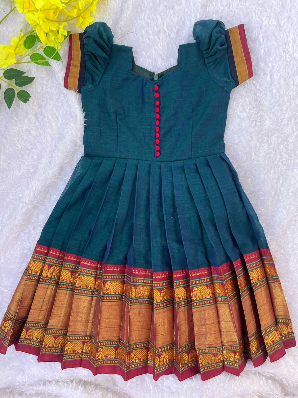 Traditional Green Narayanapet Cotton Frock with Pleated Design ...