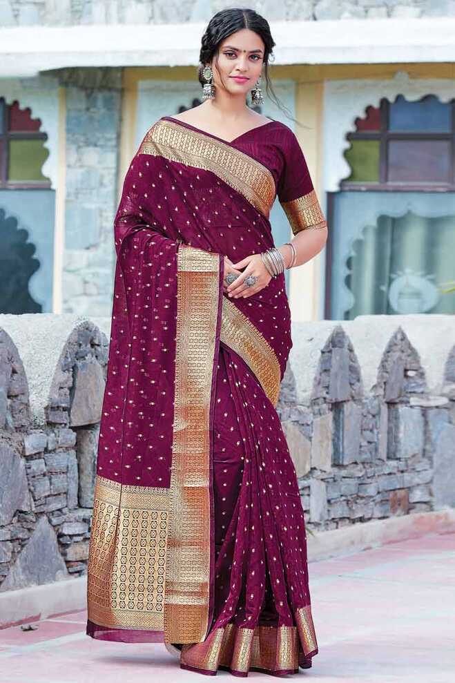 Traditional Indian Dark Purple Cotton Silk Saree|SARV117937