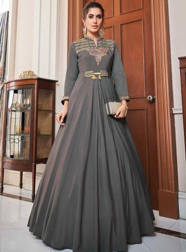 Traditional Silk Tapeta Grey Gown For Wedding | Latest Kurti Designs