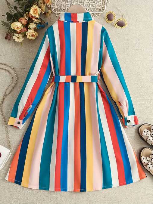 Trendy Girls&#39; Stripe Long Sleeve Collared Shirt Dress Belt - Temu ...