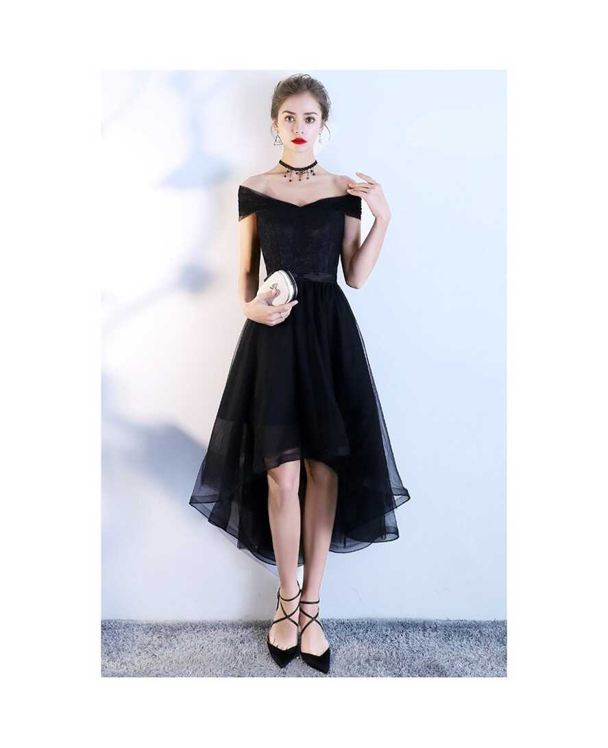 Trendy Off Shoulder Black Tulle Homecoming Dress Short Front Long ...