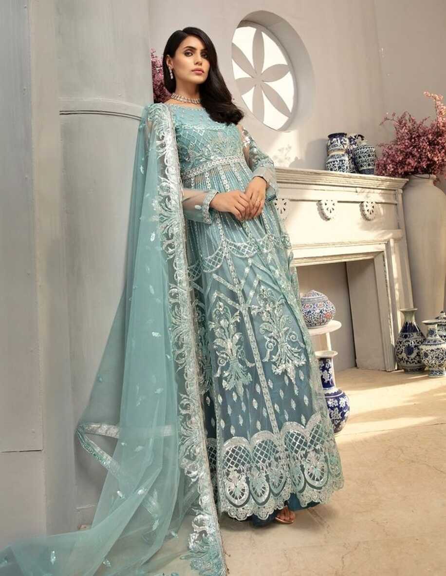 Trendy Pakistani Maxi Dress In Light Turquoise Color # C2073