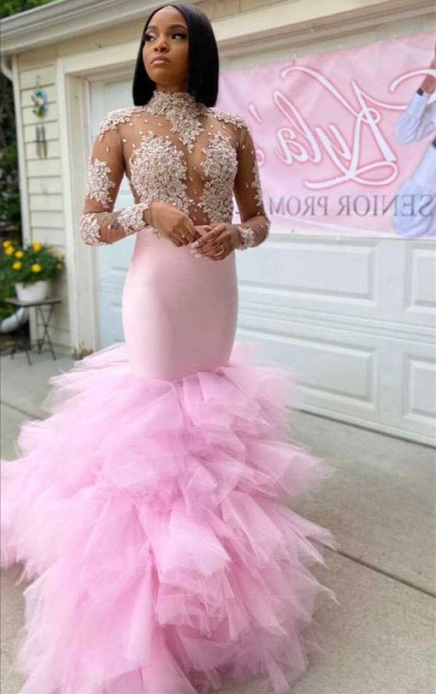 Trendy Pink Illusion neck Long Sleeves Mermaid Ruffles Prom ...