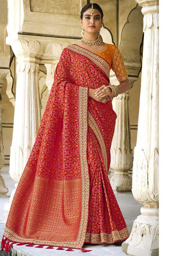 Trendy Red Silk Woven Zari Work Indian Saree|SARV122439