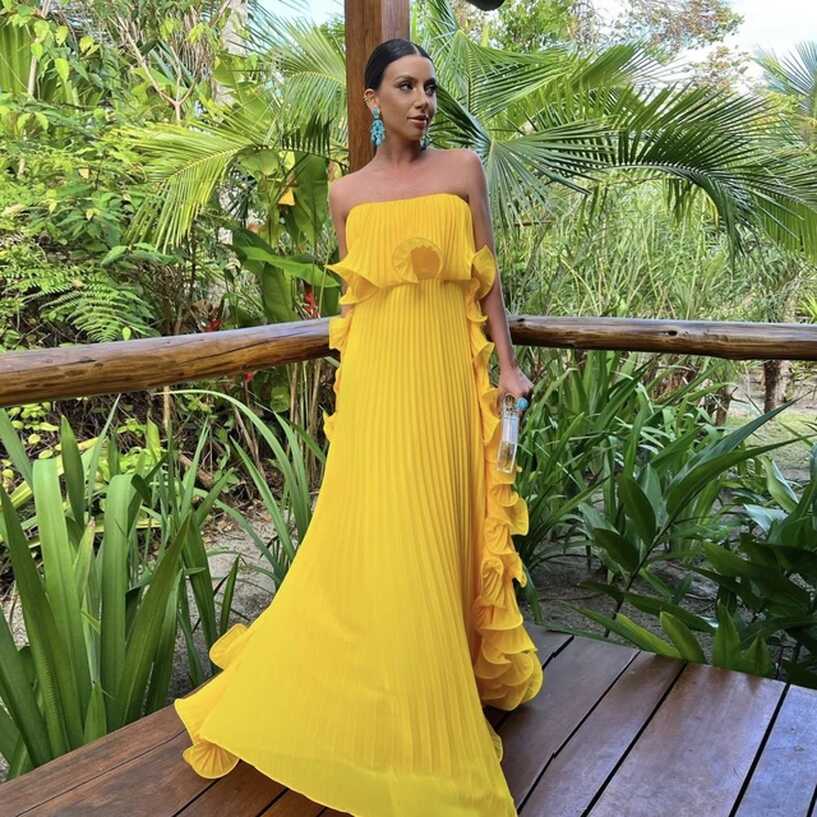 Trendy Women Summer Holiday Dress Yellow Pleated Chiffon Long ...