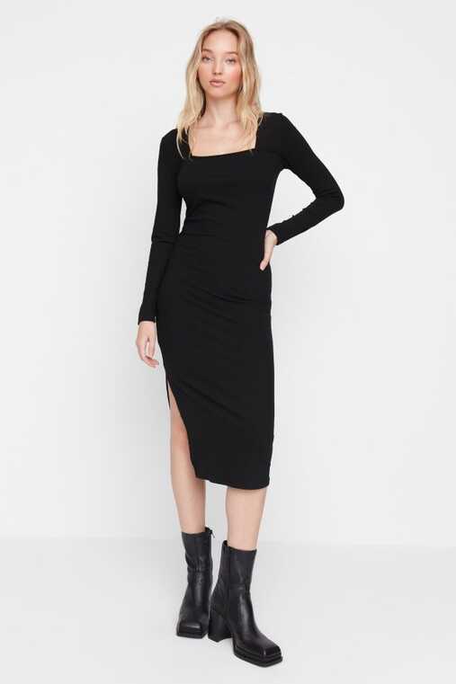 Trendyol Collection Black Ribbed Square Neck Fitted Long Sleeve ...