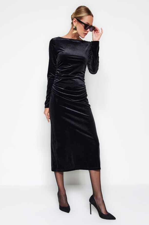 Trendyol Collection Black Velvet Gathered Fitted Flexible Maxi ...