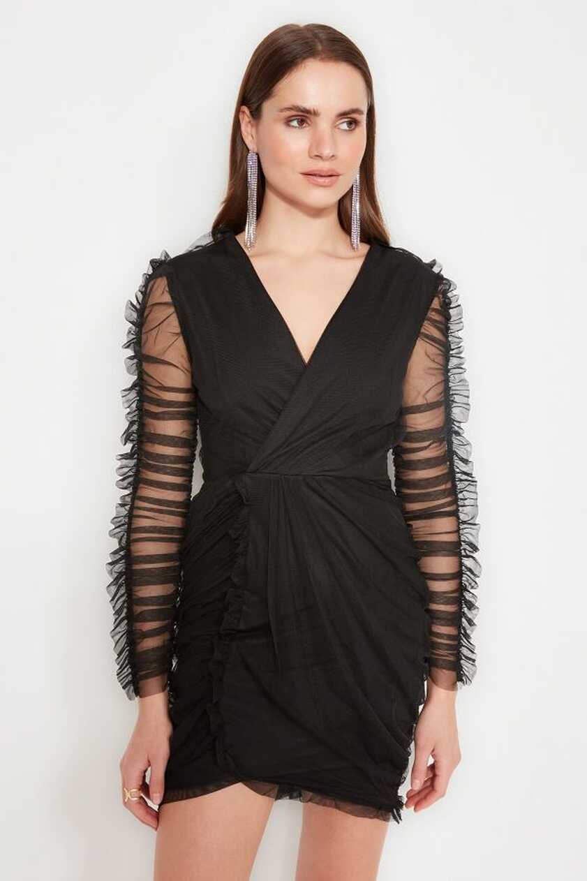 Trendyol Collection Black Wrap Draped Tulle Elegant Evening Dress ...