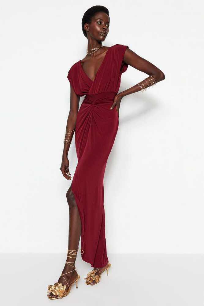 Trendyol Collection Burgundy Lined Long Evening Dress with Knitted ...