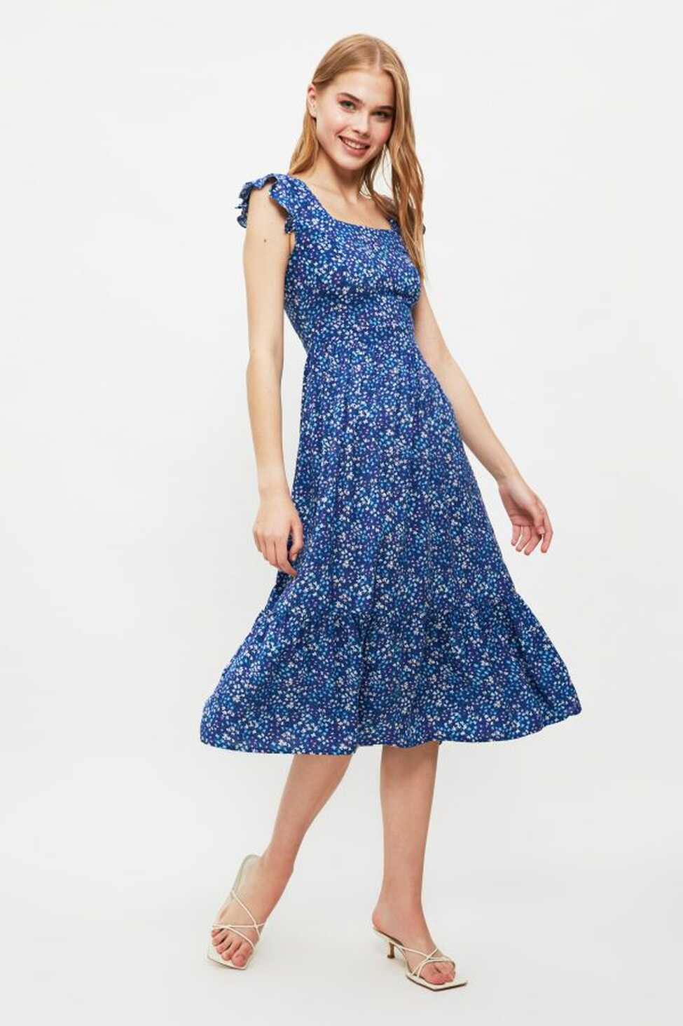 Trendyol Collection Navy Blue A-line Floral Print Square Neck ...