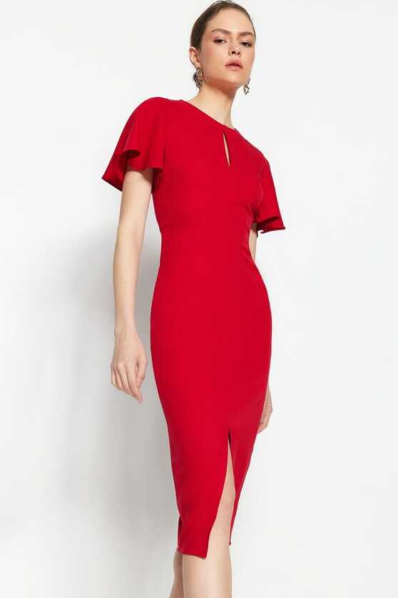 Trendyol Collection Red Fitted Midi Woven Drop Neck Detailed Short ...