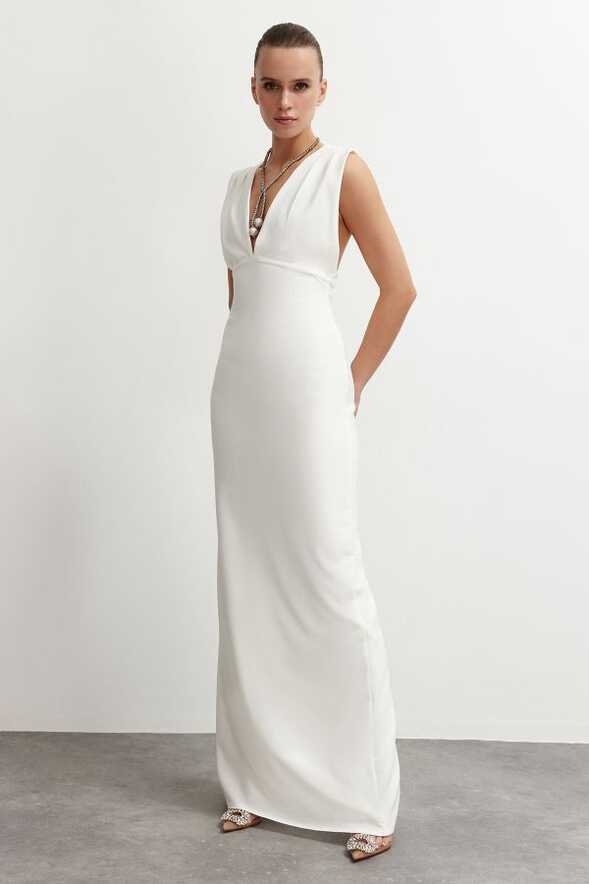 Trendyol Collection White Deep V-neck Woven Long Elegant Evening ...