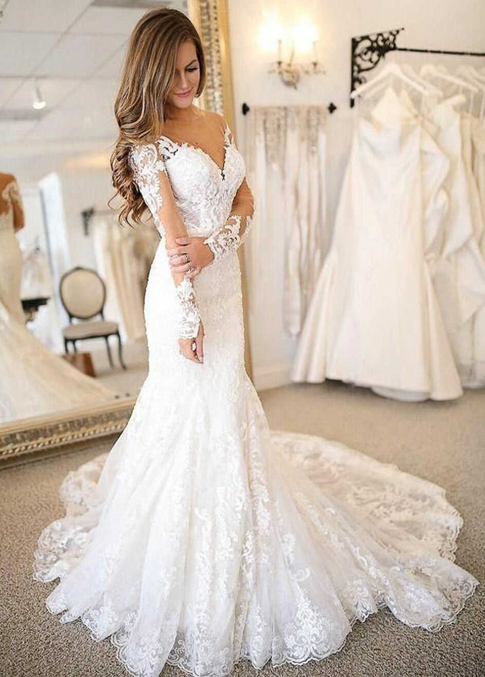 Trumpet/Mermaid Long Sleeves Lace Boho Bridal Wedding Dresses ...