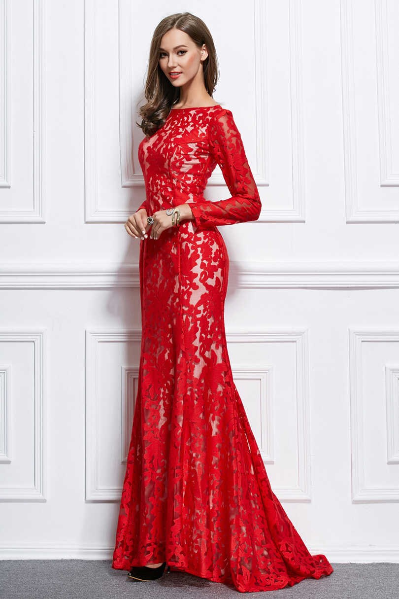 Trumpet Mermaid Red Lace Long Sleeve Formal Evening Dresses ...