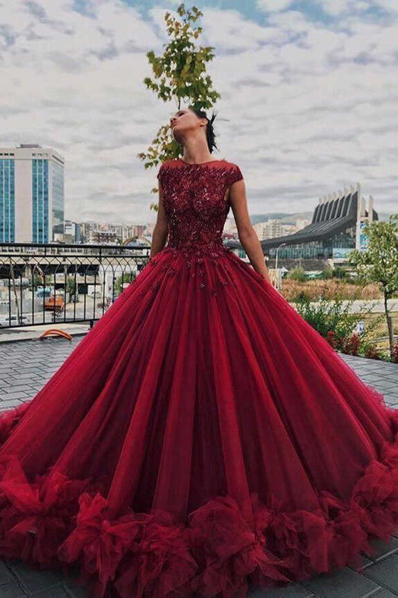 Tulle Burgundy Ball Gown Scoop Beaded Long Prom Dress PL394 | Promnova