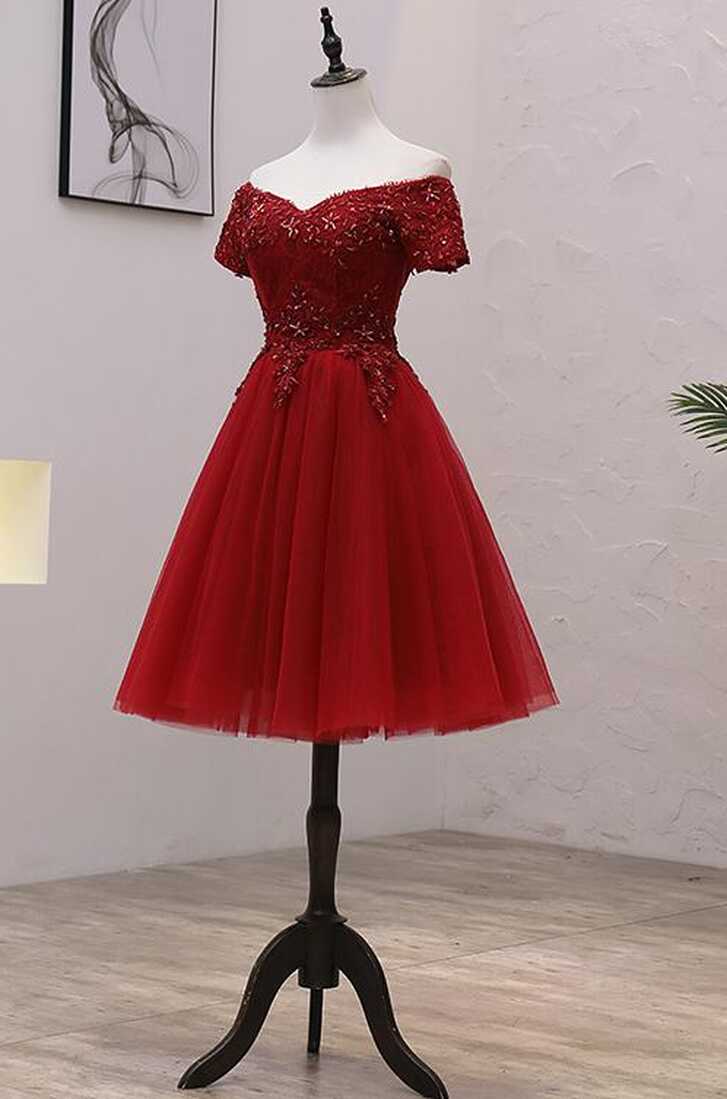 Tulle Dark Red Off the Shoulder Knee Length Homecoming Dress, Red ...