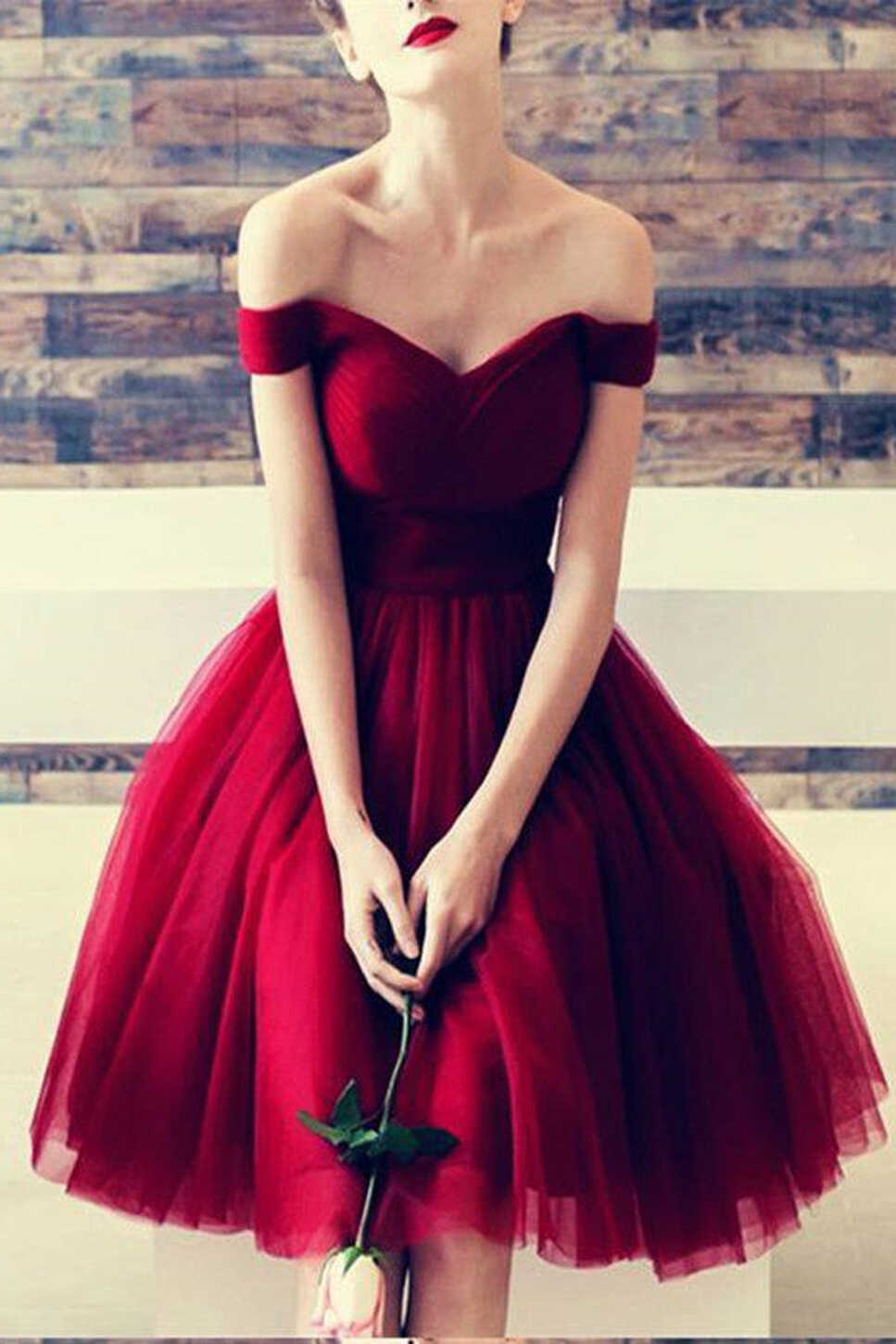 Tulle Knee Length Off Shoulder Homecoming Dresses Burgundy Short ...