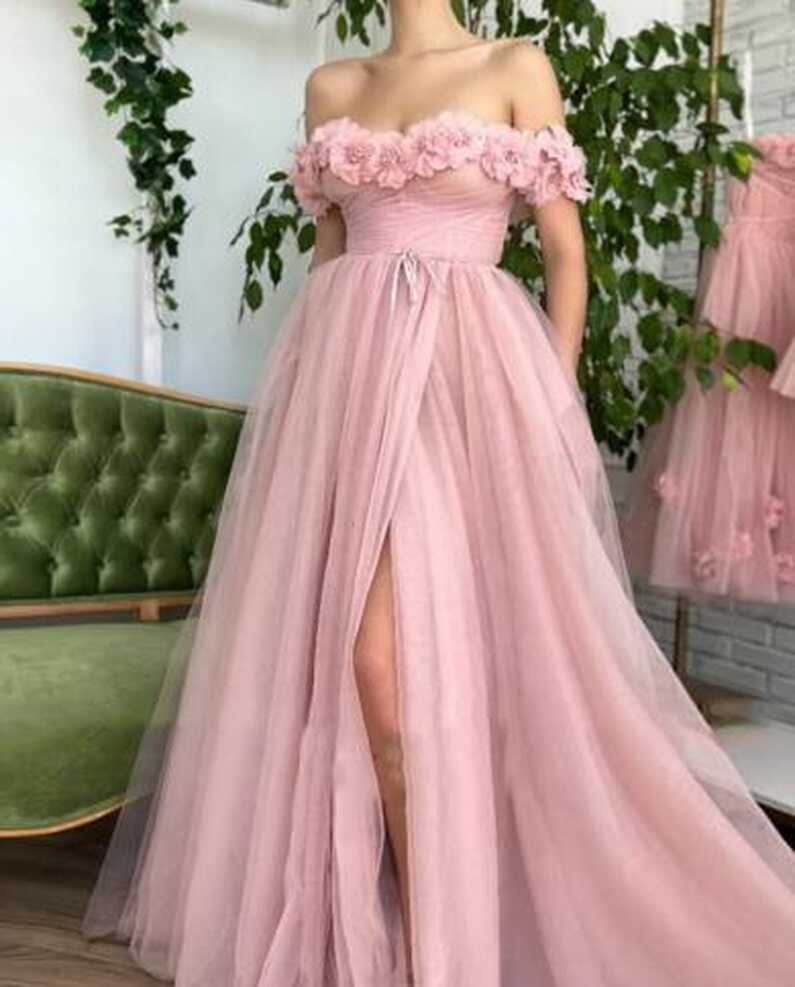 Tulle Prom Dresses 2023 Boat Neck Off The Shoulder Side Split ...