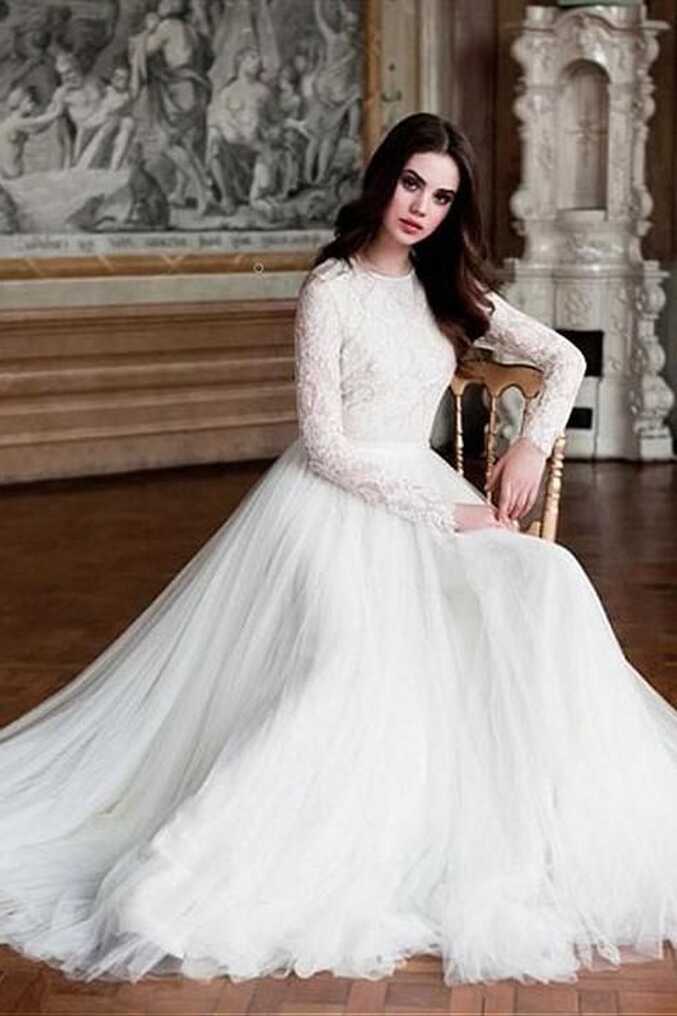 Tulle Skirt Modest Wedding Dresses Lace Long Sleeves