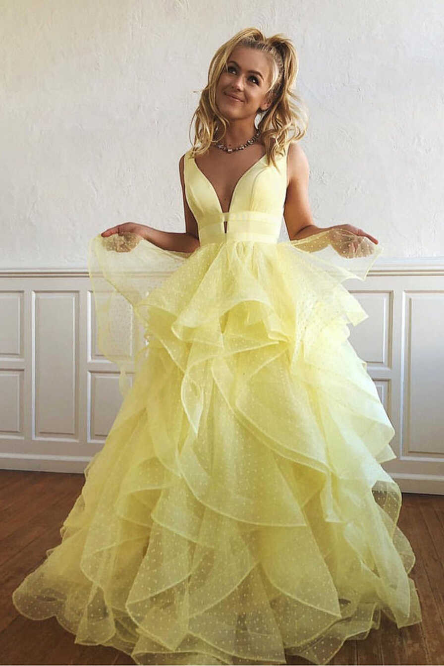 Tulle V-neck Yellow Prom Dresses A-line Long Party Dresses with ...