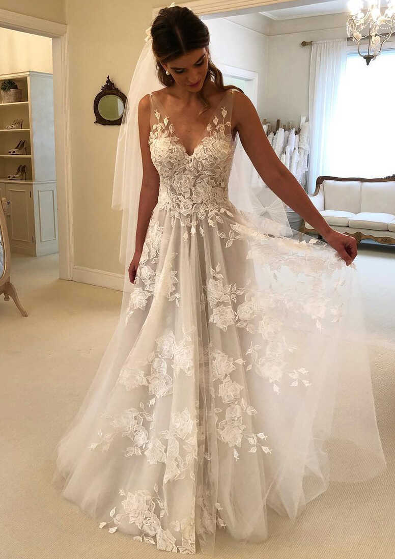 Tulle Wedding Dress A-Line/Princess V-Neck Sweep Train With ...