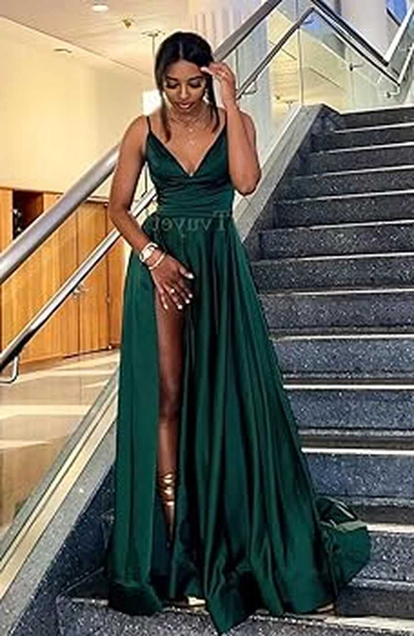 Tvuyet Black V Neck Prom Dress for Women Long 2024 Backless Satin ...