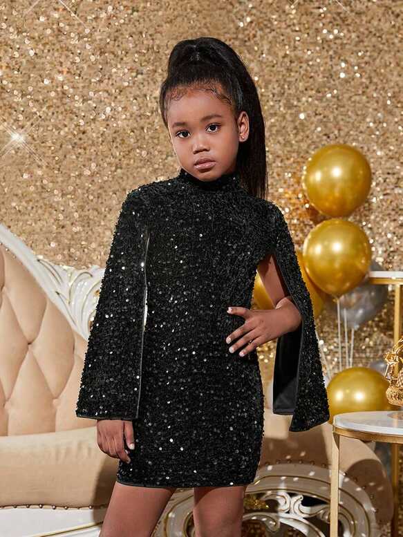 Tween Girl Mock Neck Cloak Sleeve Sequin Dress | SHEIN USA