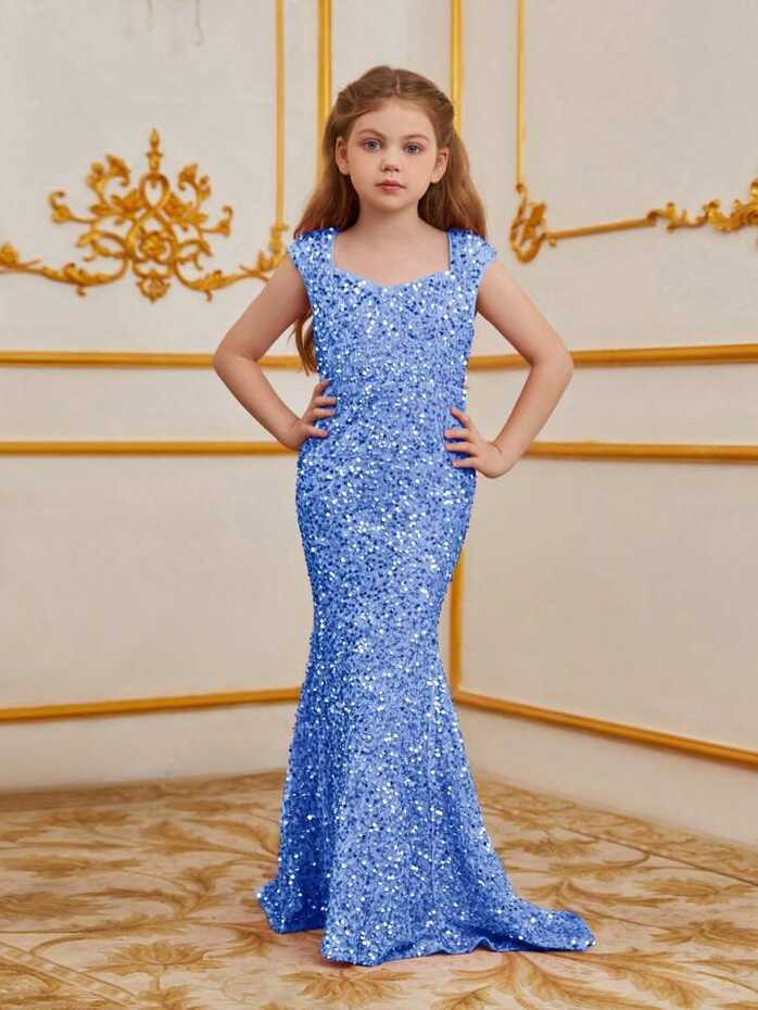 Tween Girl Solid Color Sleeveless Glitter Mermaid Hem Party Prom ...