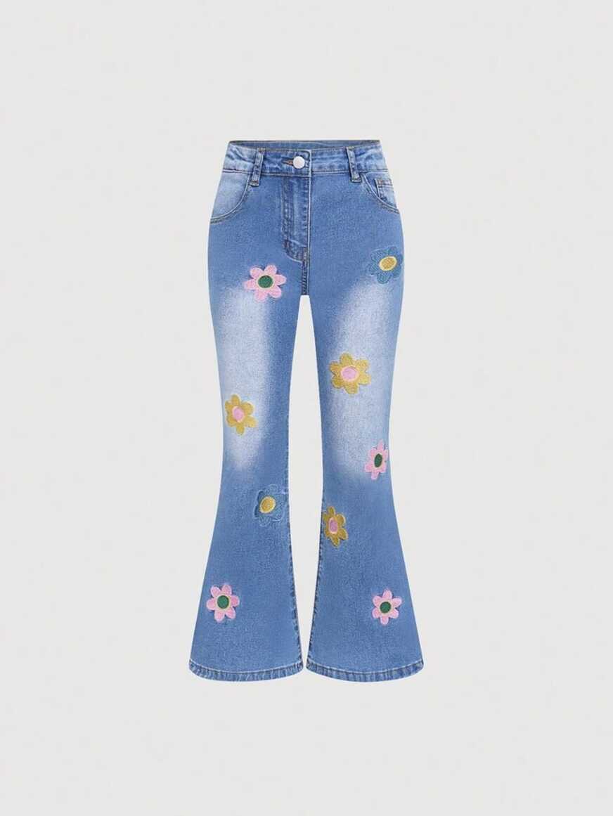 Tween Girls&#39; Cute And Playful Flower Pattern Jeans | SHEIN USA