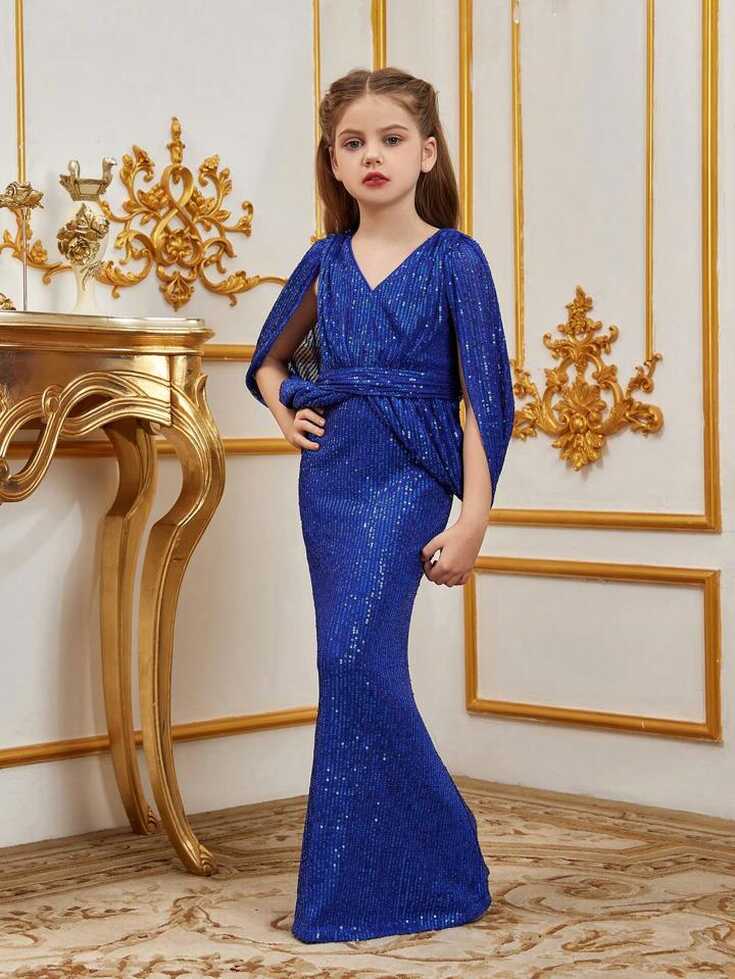 Tween Girls&#39; V-Neck Long Sleeve Glitter Mermaid Dress With High ...