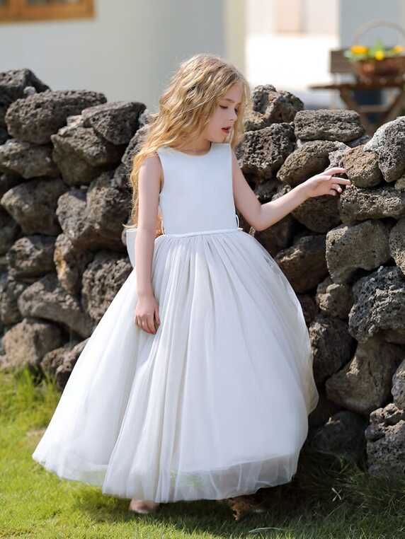 Tween Girls&#39; White Wedding Flower Girl Dress With Large Bowknot ...