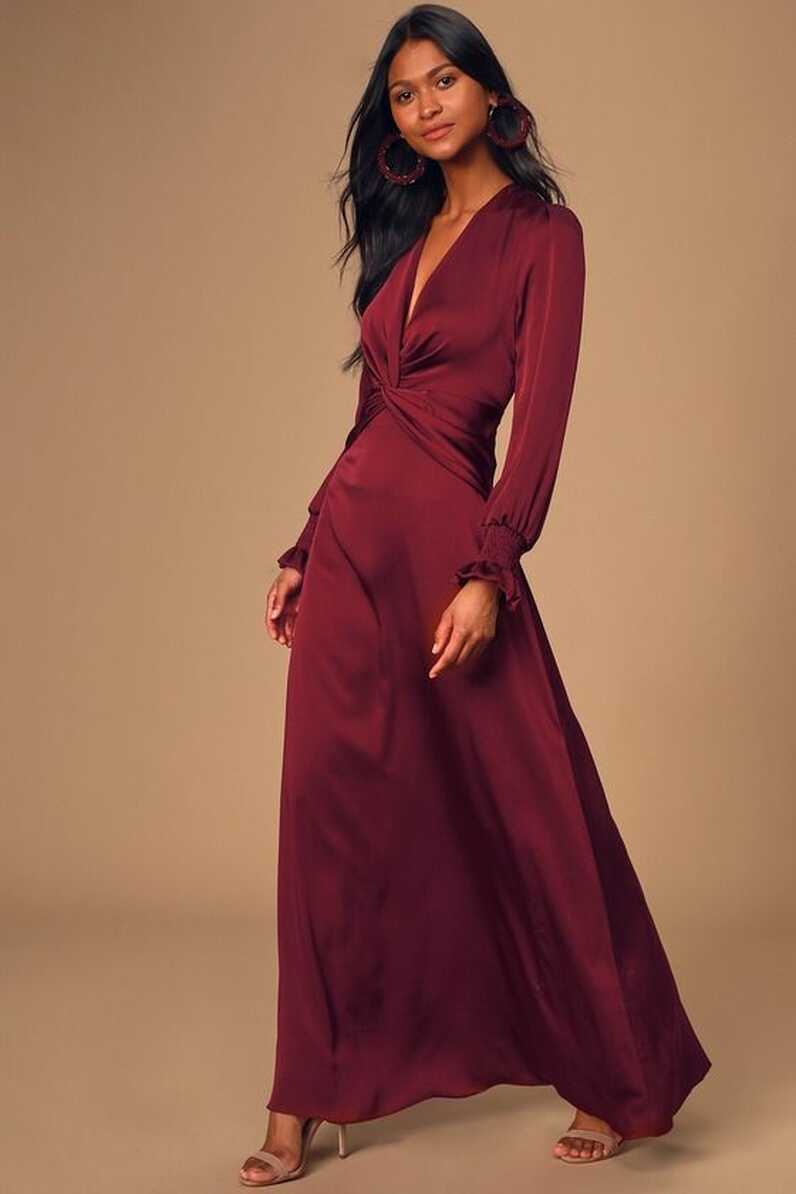 Twist Your Words Burgundy Long Sleeve Twist-Front Maxi Dress