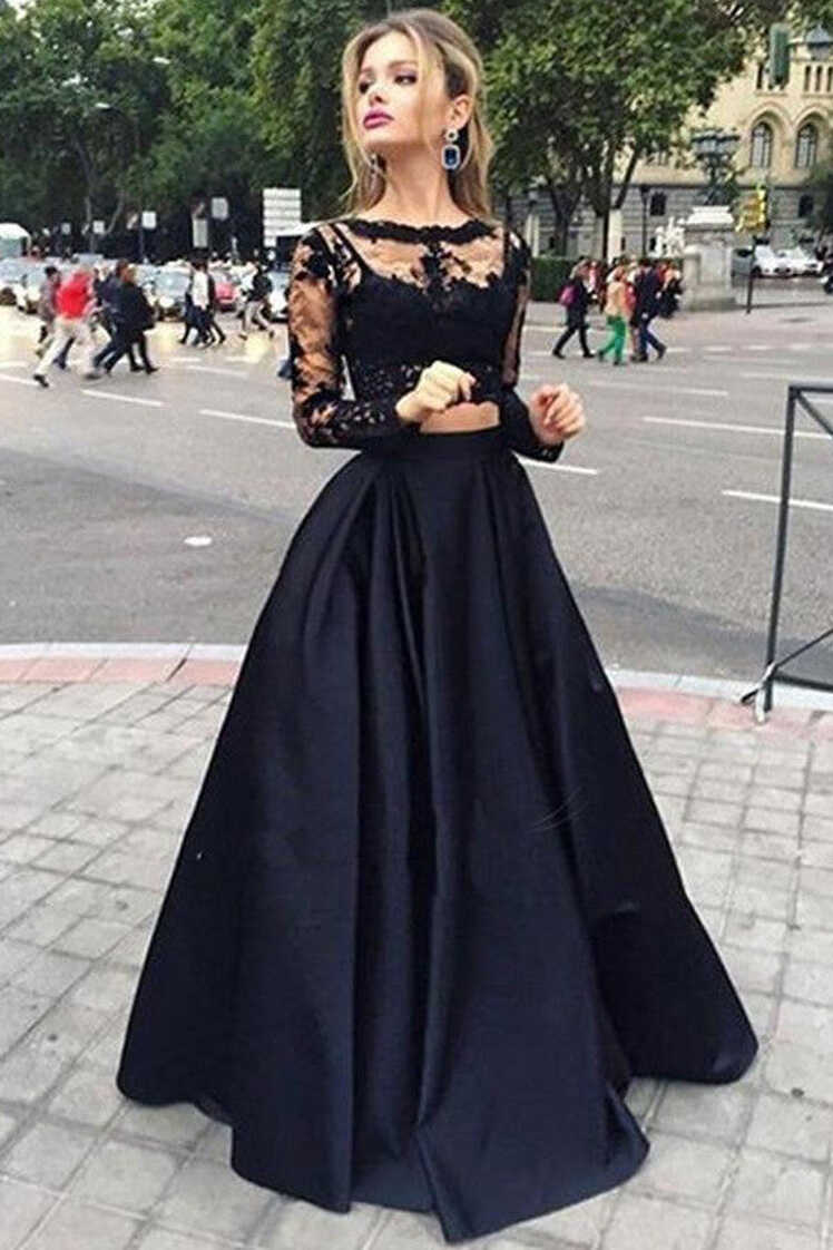 Two Piece Lace Long Sleeves Evening Dress, Cheap Black Prom ...