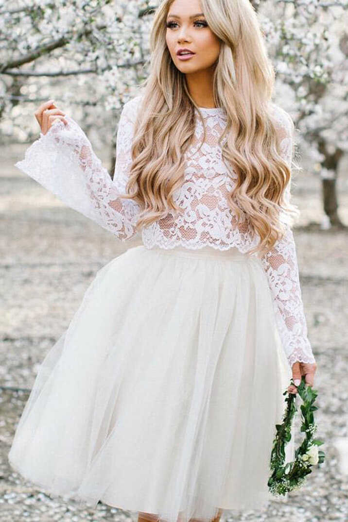 Two Piece Lace Top Long Sleeves Homecoming Dress, MH531 | Musebridals